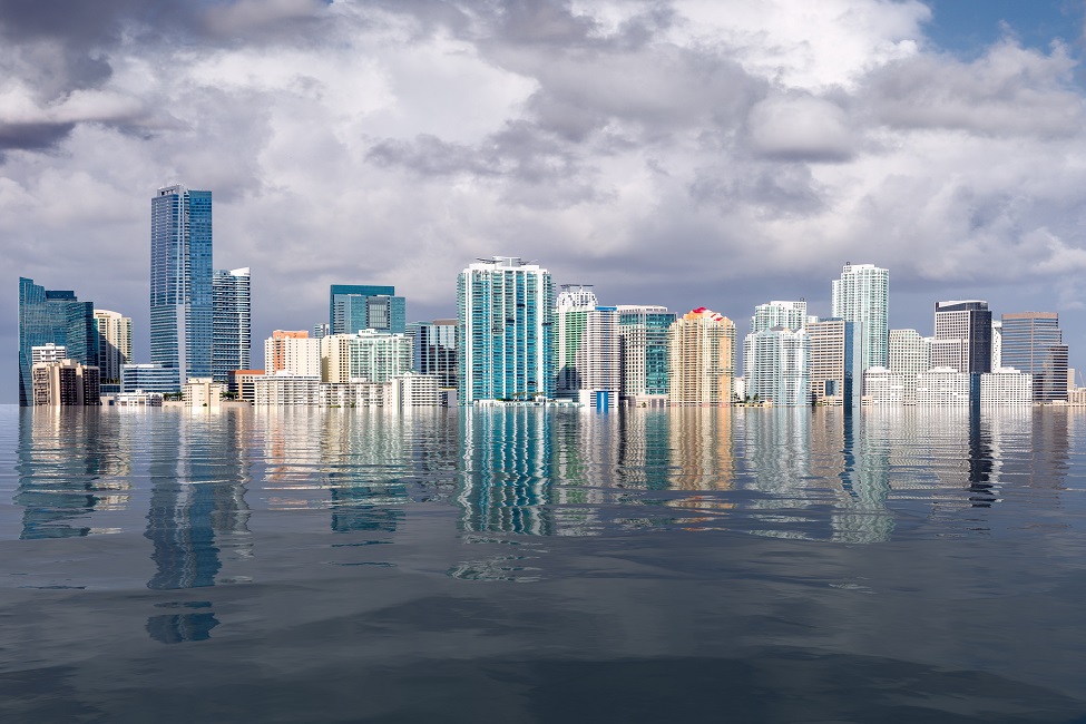 Miami skyline concept of sea level rise and flooding from global warming
